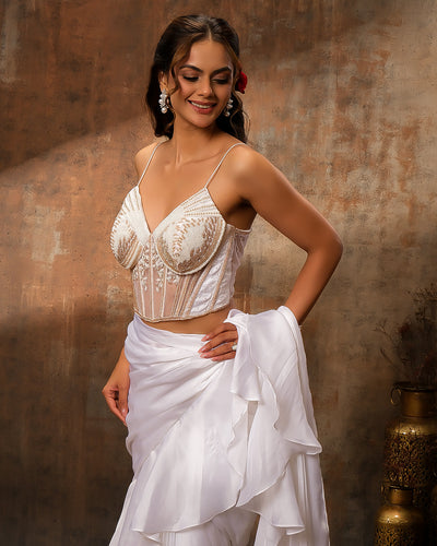 Dove White Pre-Draped Saree With Embroidered Blouse