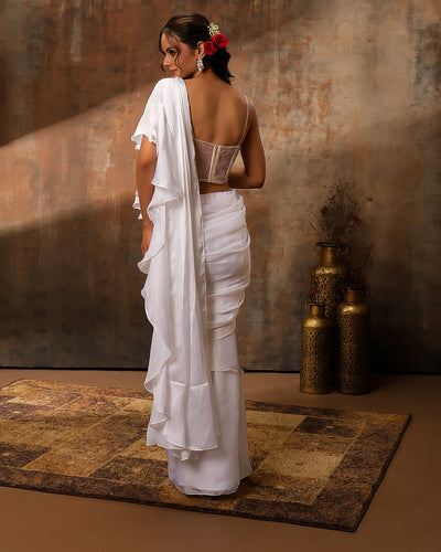 Dove White Pre-Draped Saree With Embroidered Blouse