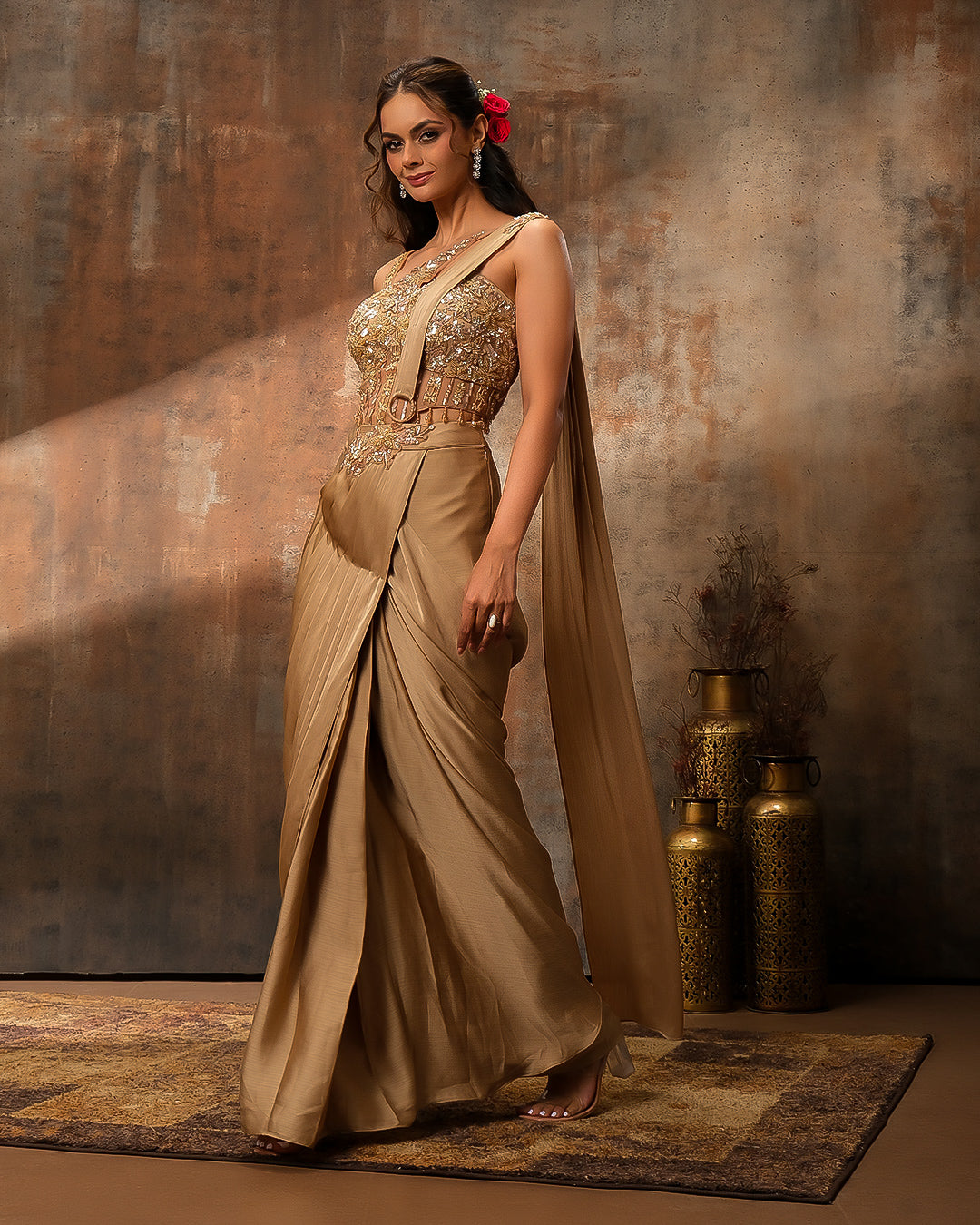 Dune Drama Embellished Crepe Silk Pre-Draped saree