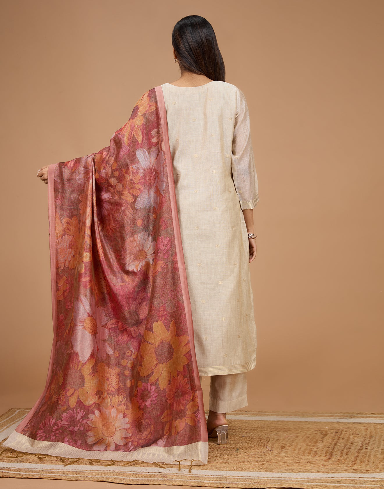 Dusty Beige With Berry Hues Florals Silk Unstitched Suit Set