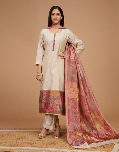 Dusty Beige With Berry Hues Florals Silk Unstitched Suit Set