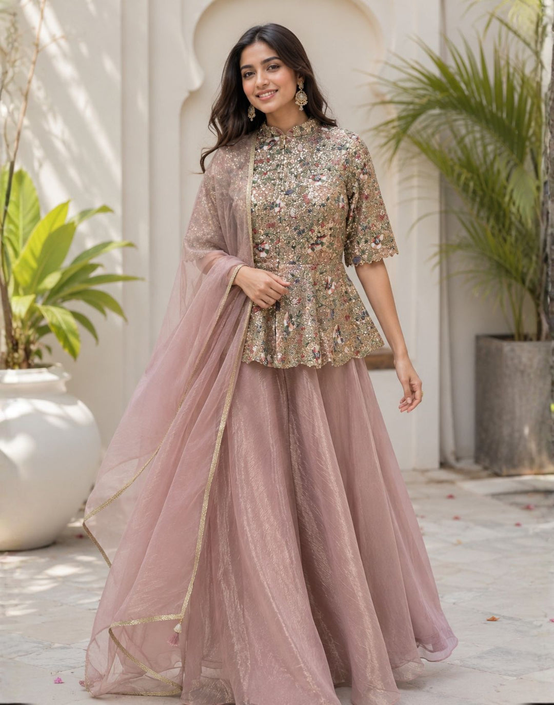 dusty rose peplum dress Long Peplum Formal Dress with Three-Quarter Sleeves Navy / 16