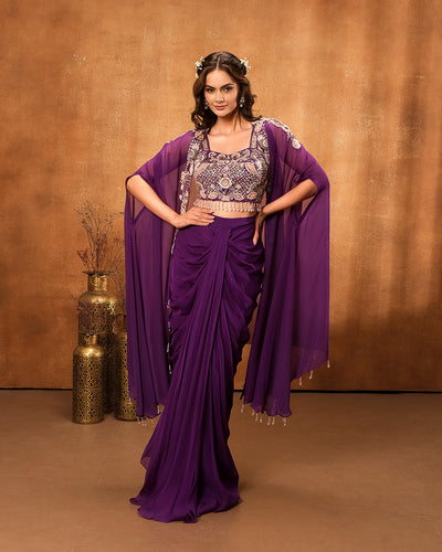 Enchanted Purple Embellished Bustier With Jacket & Drape Skirt Set