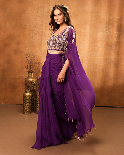 Enchanted Purple Embellished Bustier With Jacket & Drape Skirt Set