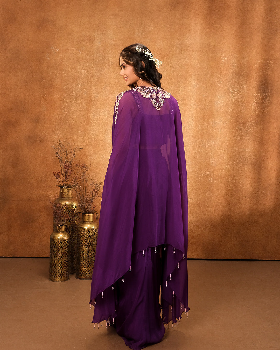 Enchanted Purple Embellished Bustier With Jacket & Drape Skirt Set
