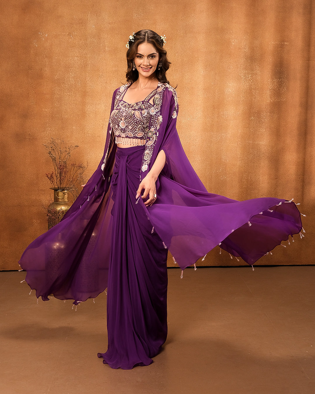 Enchanted Purple Embellished Bustier With Jacket & Drape Skirt Set