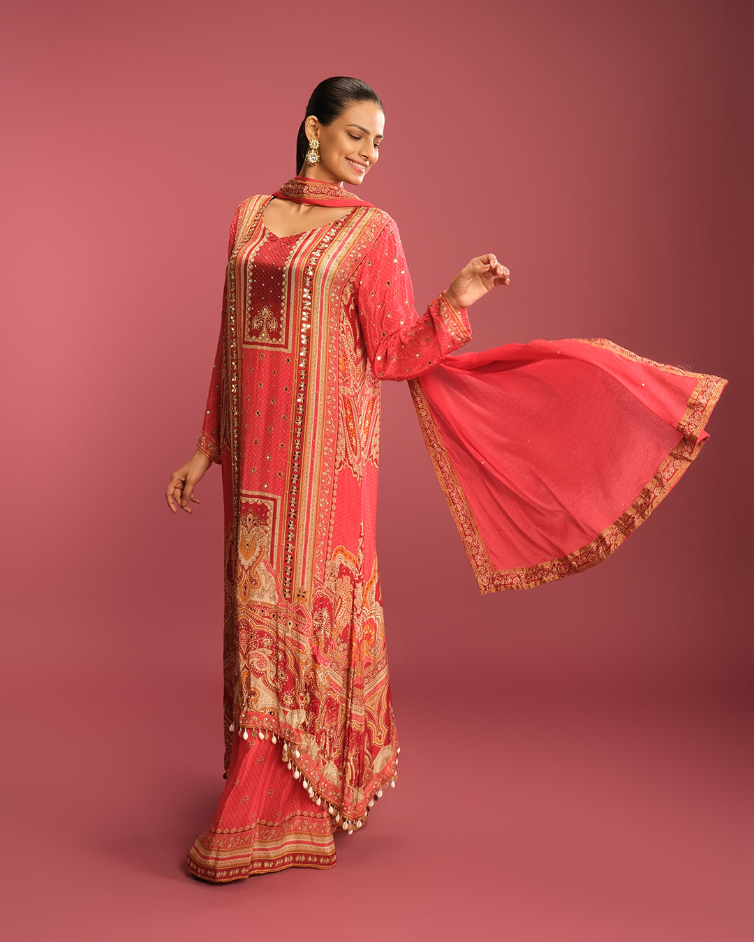 Fiery Vermilion Printed Pure Crepe Festive Kurta Set