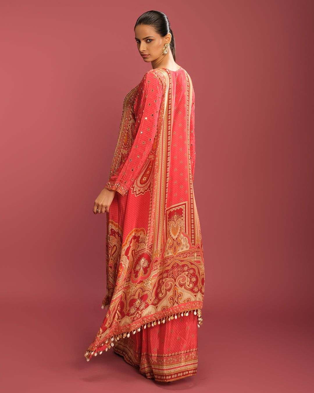 Fiery Vermilion Printed Pure Crepe Festive Kurta Set