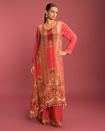 Fiery Vermilion Printed Pure Crepe Festive Kurta Set