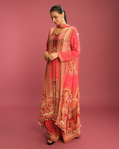 Fiery Vermilion Printed Pure Crepe Festive Kurta Set