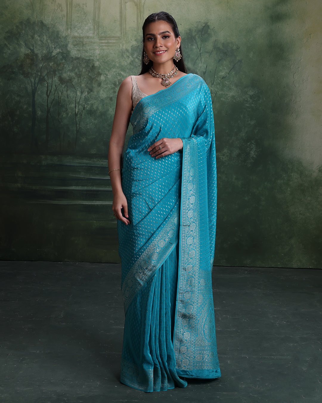 Firozi Noor Dola Silk Saree With Unstitched Blouse Fabric