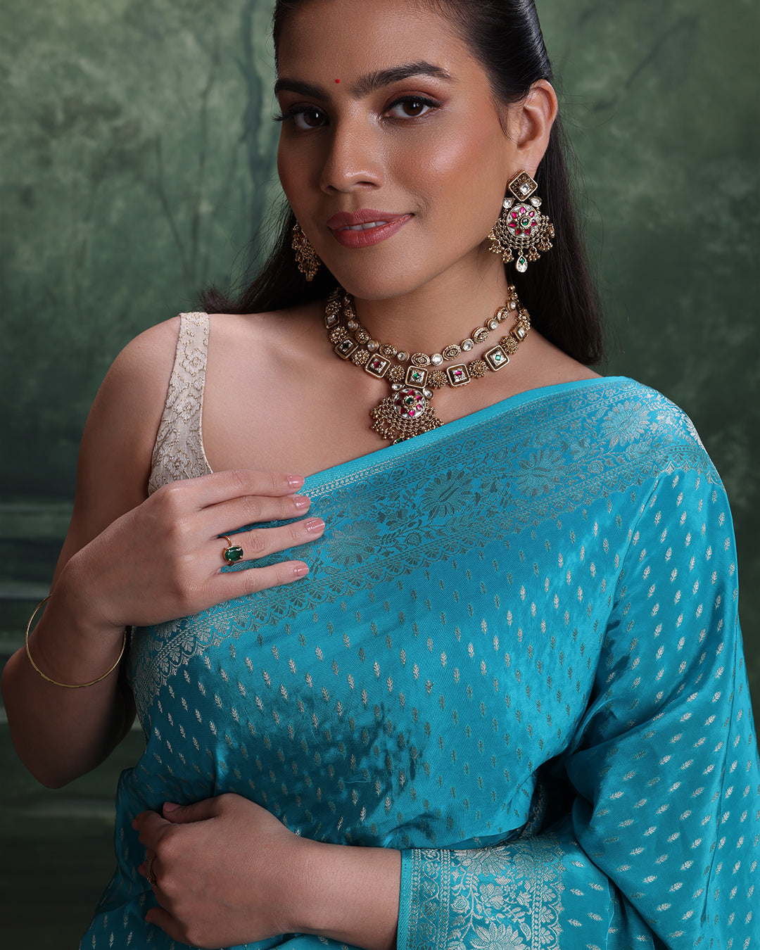 Firozi Noor Dola Silk Saree With Unstitched Blouse Fabric