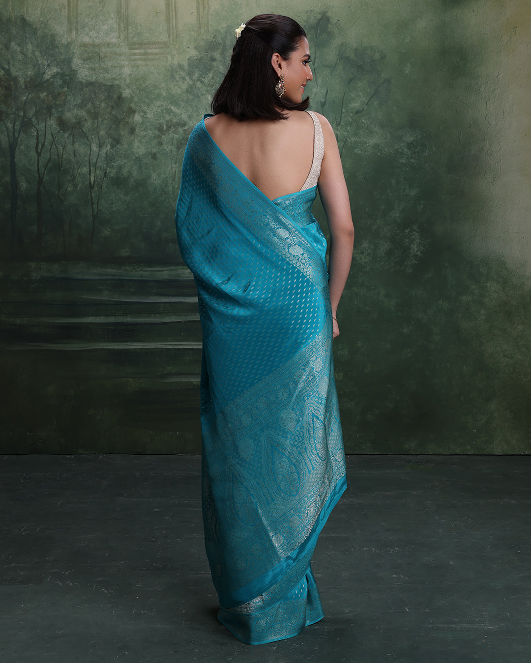 Firozi Noor Dola Silk Saree With Unstitched Blouse Fabric