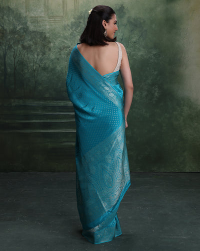 Firozi Noor Dola Silk Saree With Unstitched Blouse Fabric