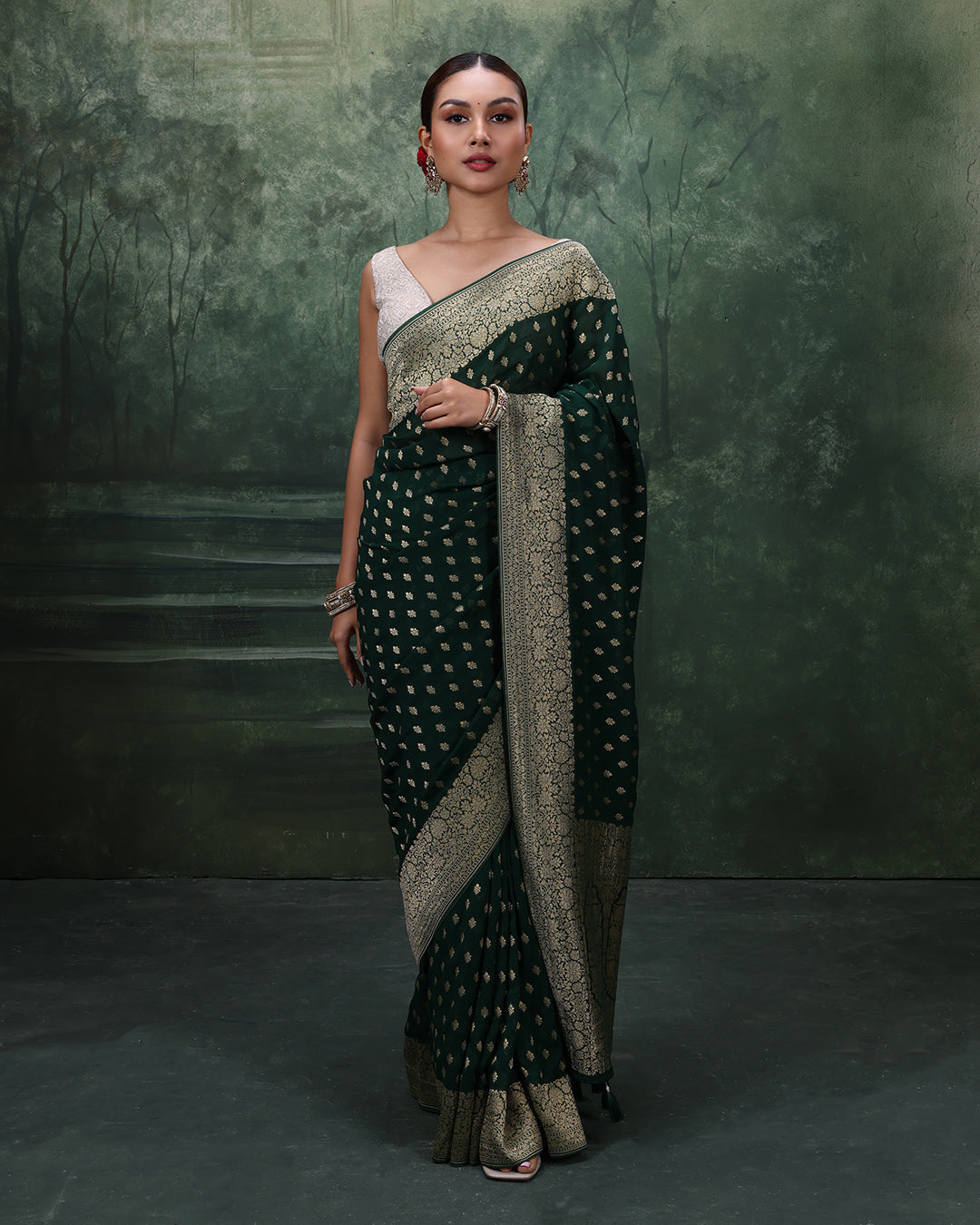 Forest Green Dainty Buttis Georgette Saree With Unstitched Blouse Fabric