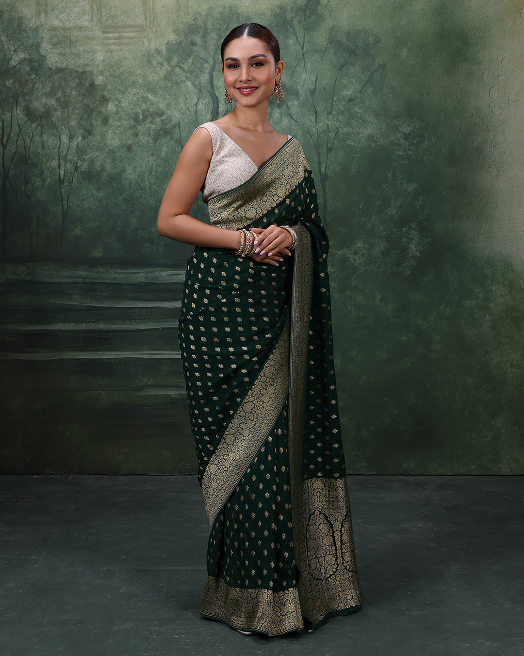 Forest Green Dainty Buttis Georgette Saree With Unstitched Blouse Fabric