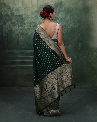 Forest Green Dainty Buttis Georgette Saree With Unstitched Blouse Fabric