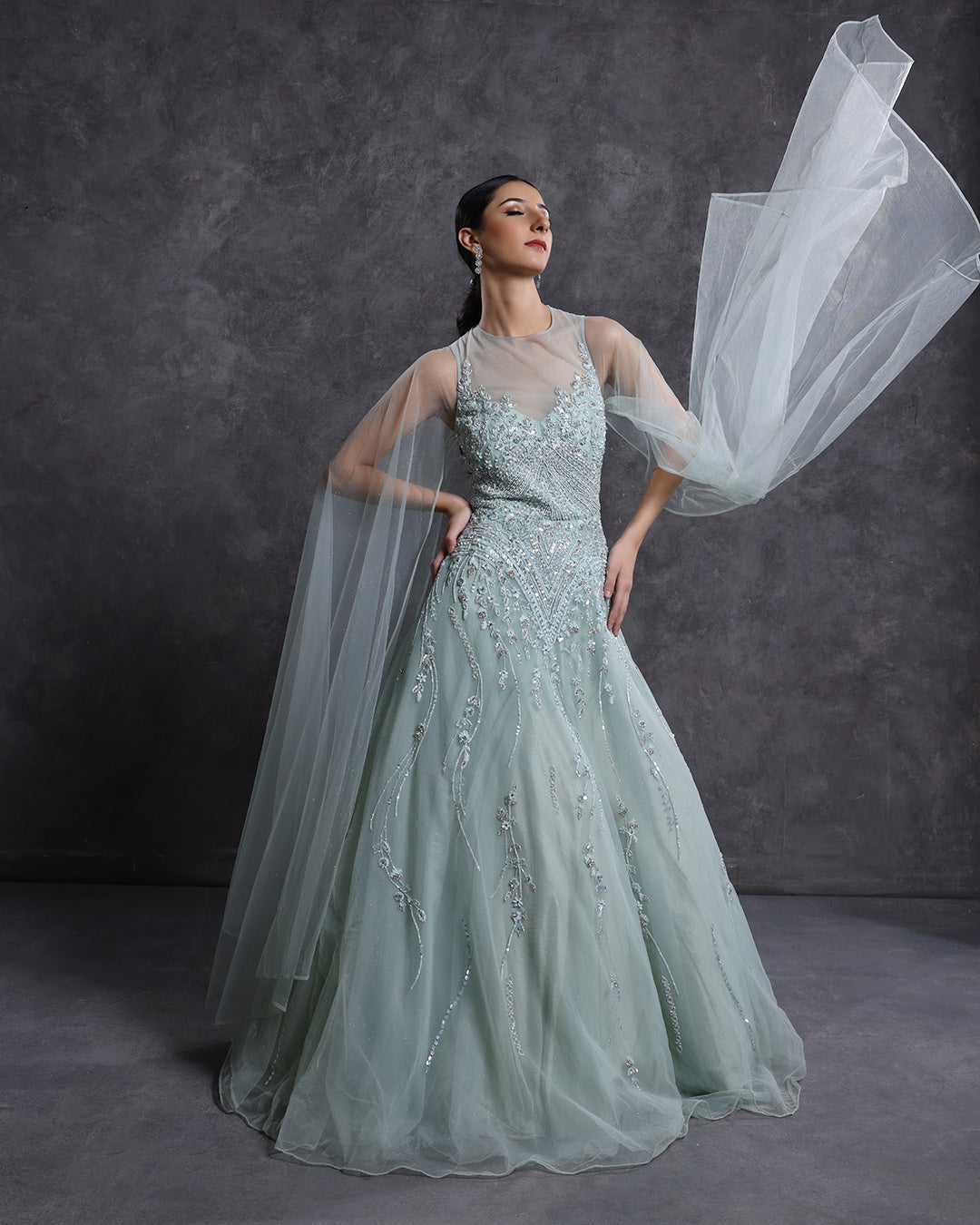 French Pista Green Embellished Bridal Gown