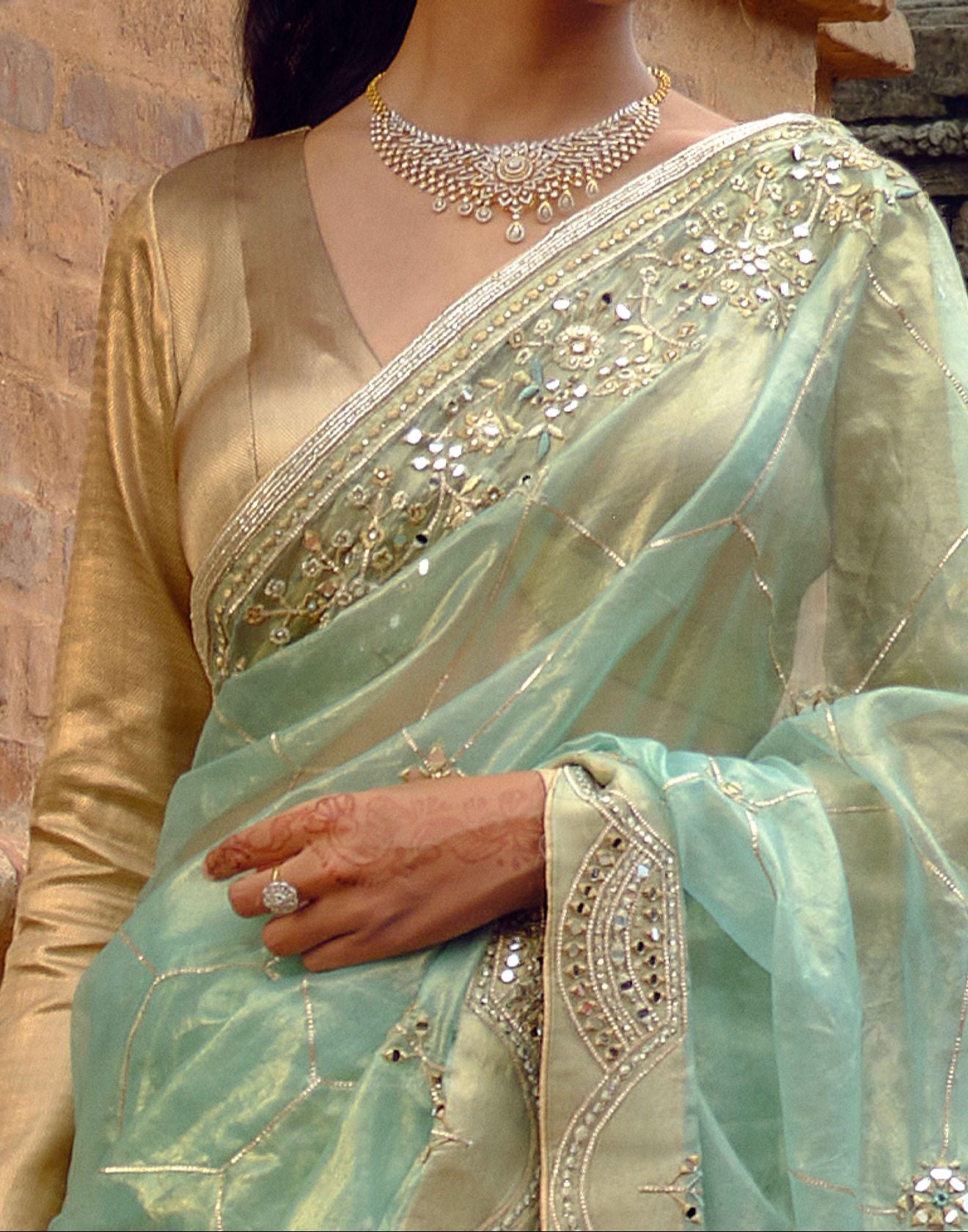 Frosted Mint Shimmer Organza Trousseau Saree