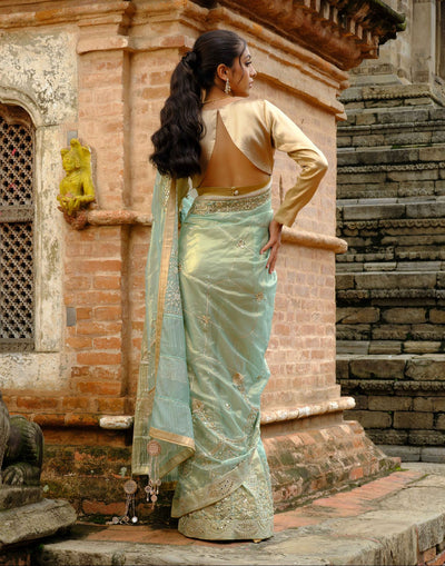 Frosted Mint Shimmer Organza Trousseau Saree
