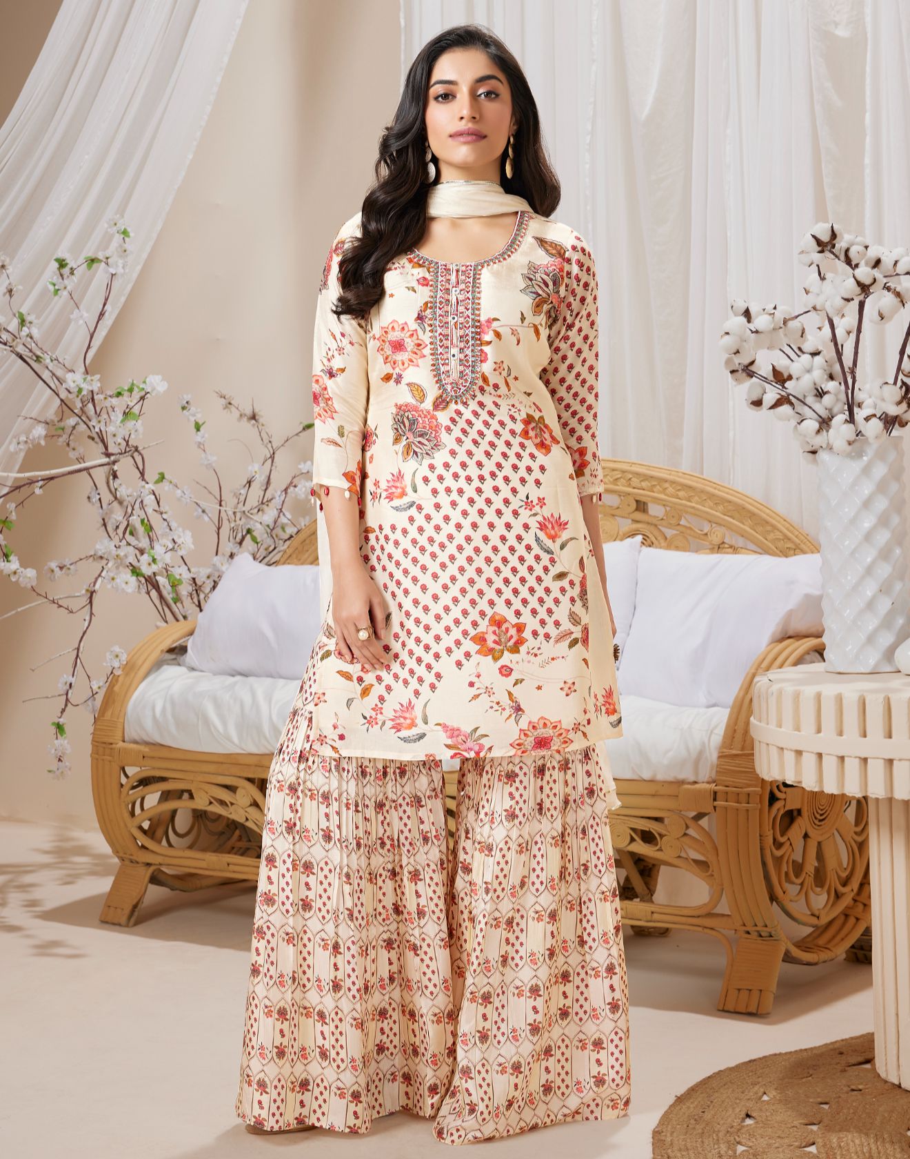 Frosty Ivory With Contrast Floral Printed Gharara Kurta Set