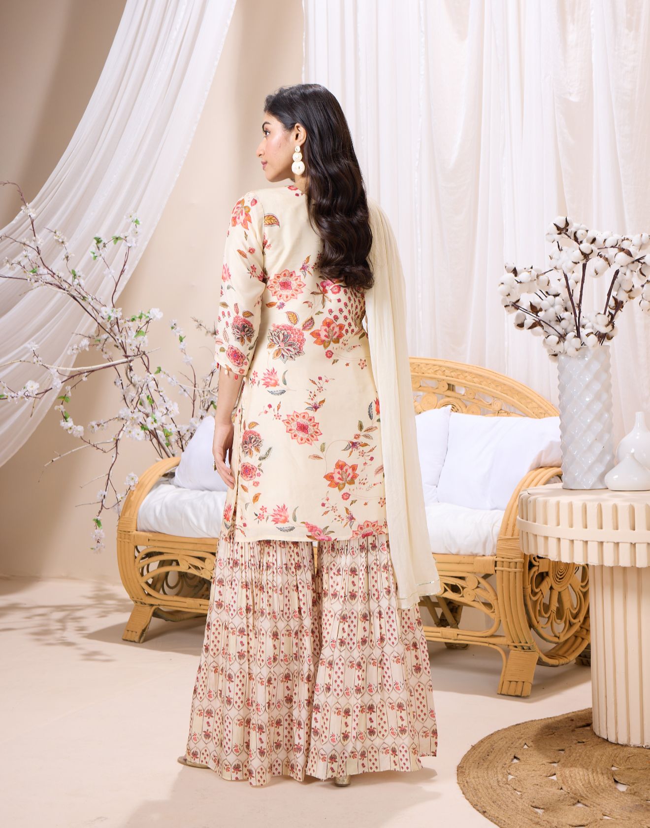 Frosty Ivory With Contrast Floral Printed Gharara Kurta Set