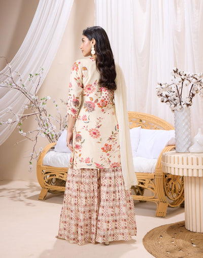 Frosty Ivory With Contrast Floral Printed Gharara Kurta Set