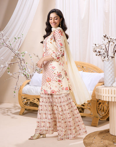 Frosty Ivory With Contrast Floral Printed Gharara Kurta Set