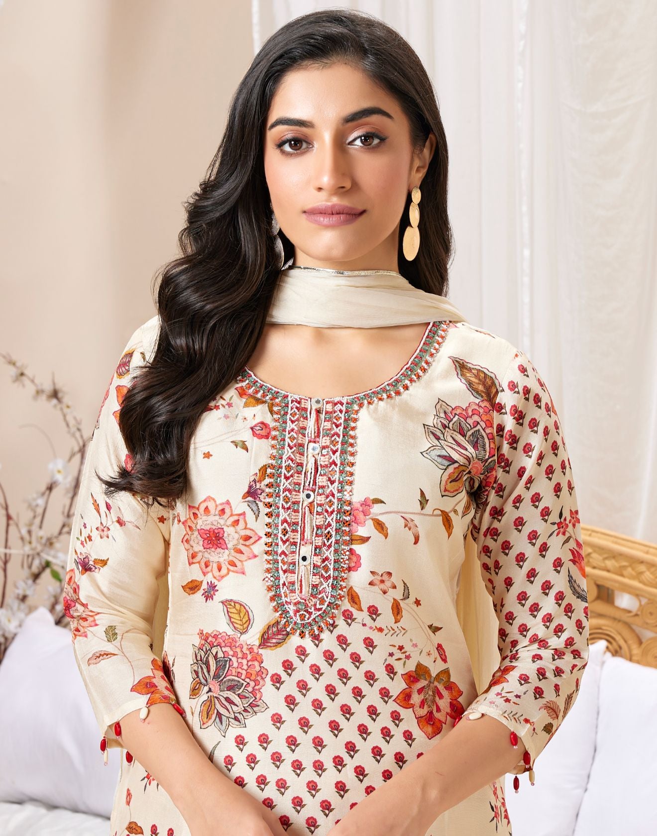 Frosty Ivory With Contrast Floral Printed Gharara Kurta Set