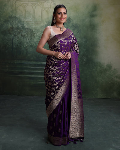 Galaxy Purple Banarasi Dola Silk Saree With Unstitched Blouse Fabric