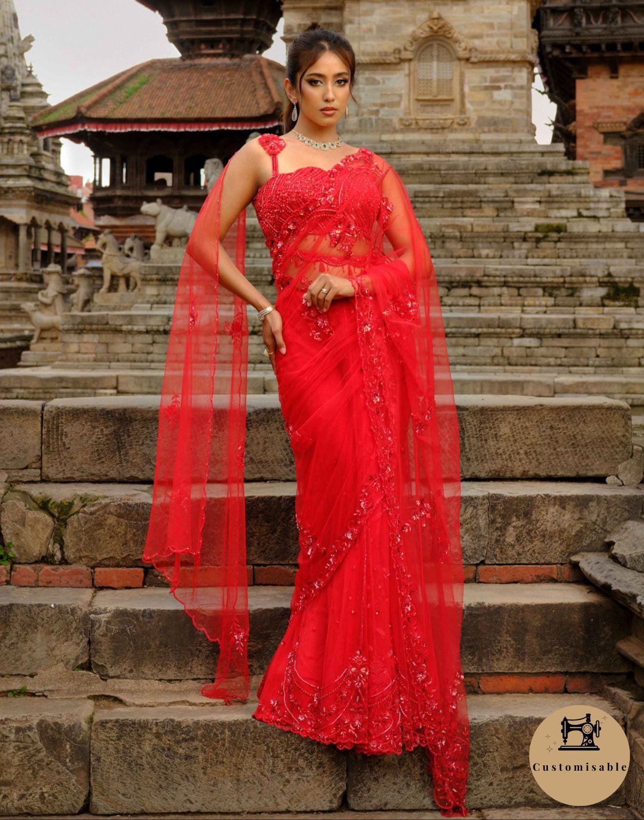 Glam & Flame Net Embroidered Saree With Scallop Blouse