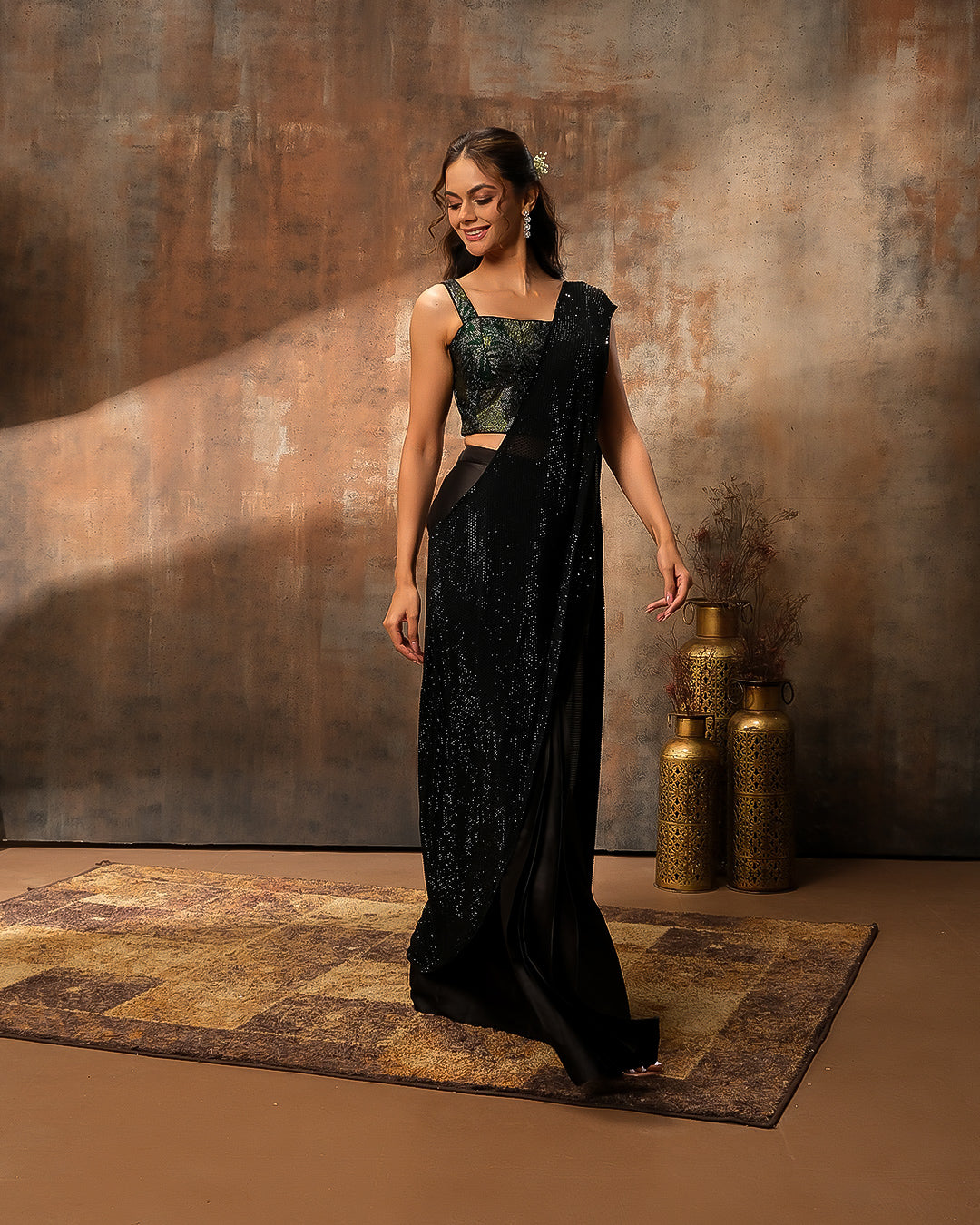 Glitter Black Swarovski Embellished Crepe Silk Pre-Drape Saree