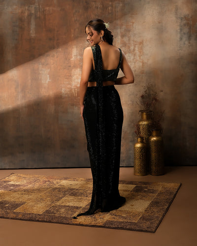 Glitter Black Swarovski Embellished Crepe Silk Pre-Drape Saree