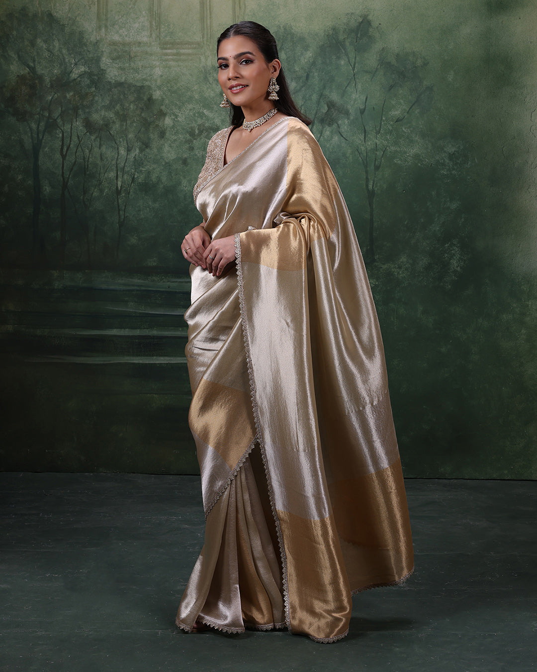 Golden Hues Tissue Silk Saree With Embroidered Stitched Blouse