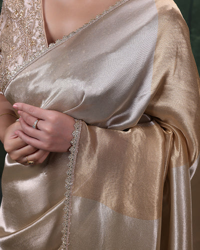 Golden Hues Tissue Silk Saree With Embroidered Stitched Blouse