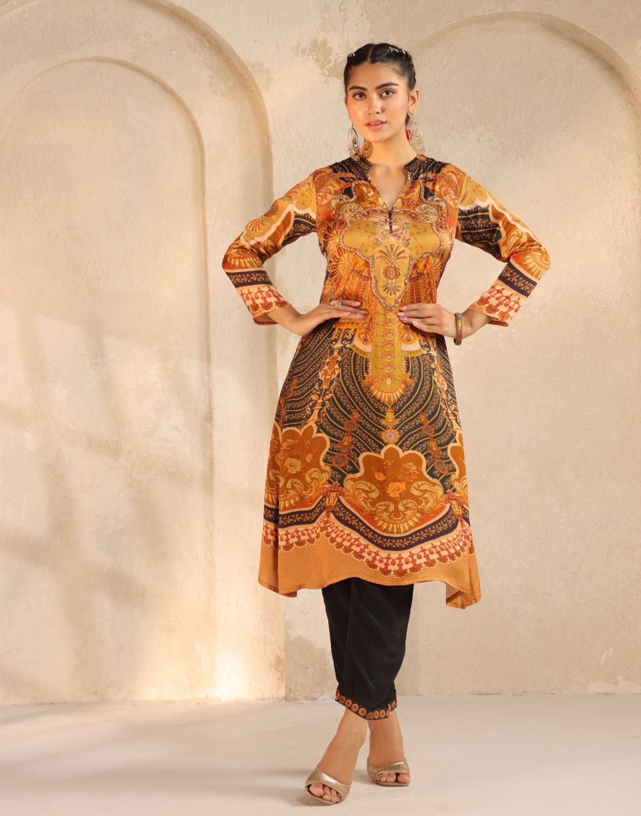 Golden Yellow & Navy Blue Baroque Print Kurta Set