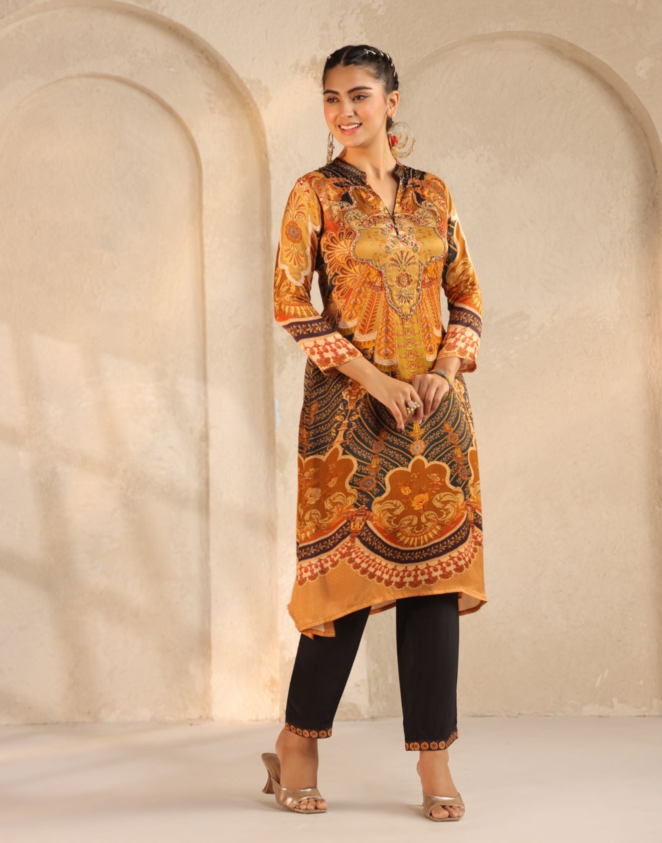 Golden Yellow & Navy Blue Baroque Print Kurta Set