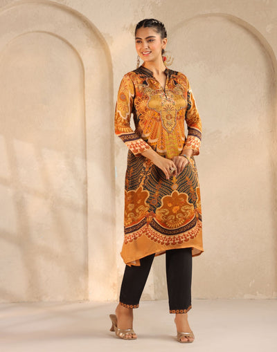 Golden Yellow & Navy Blue Baroque Print Kurta Set