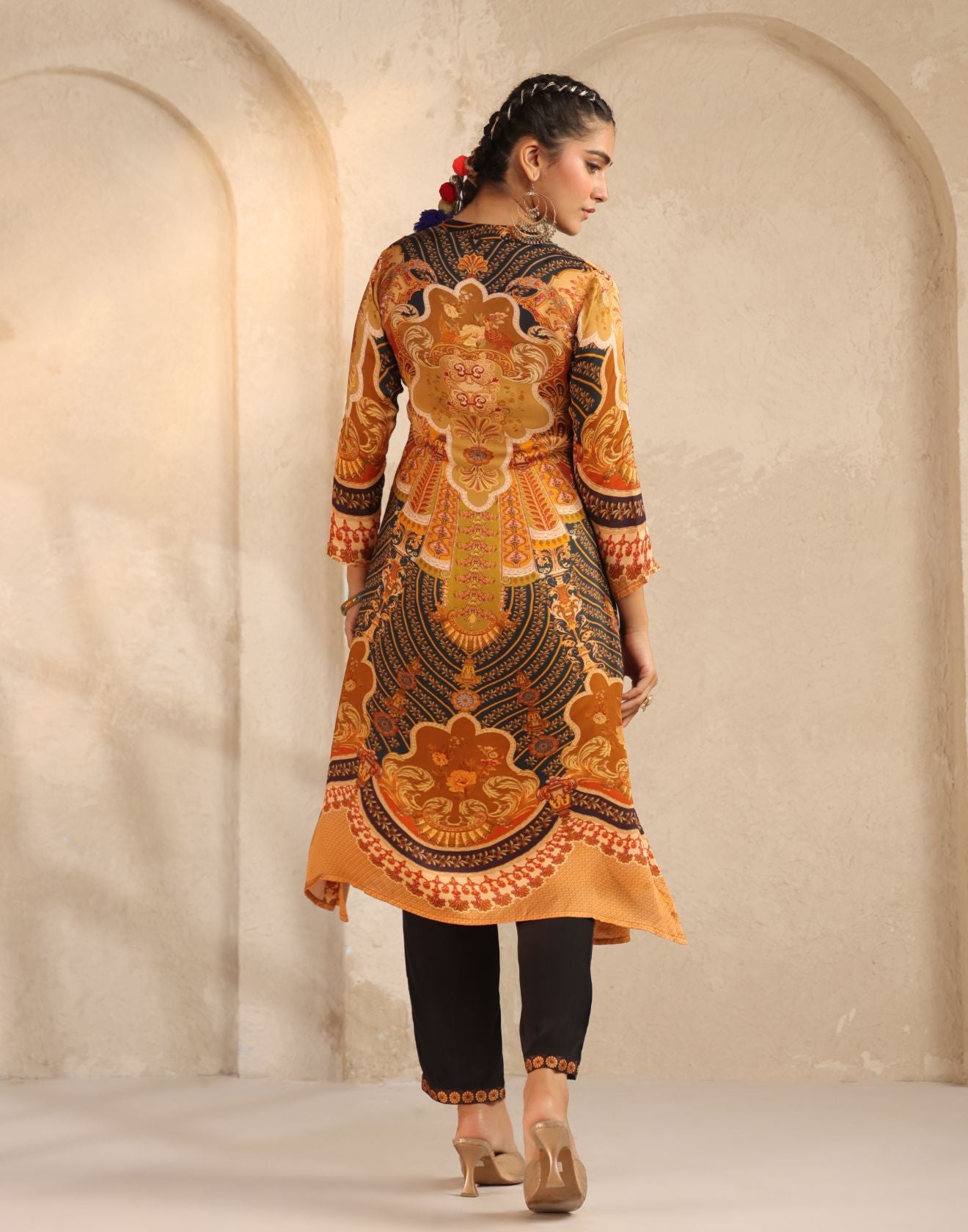 Golden Yellow & Navy Blue Baroque Print Kurta Set