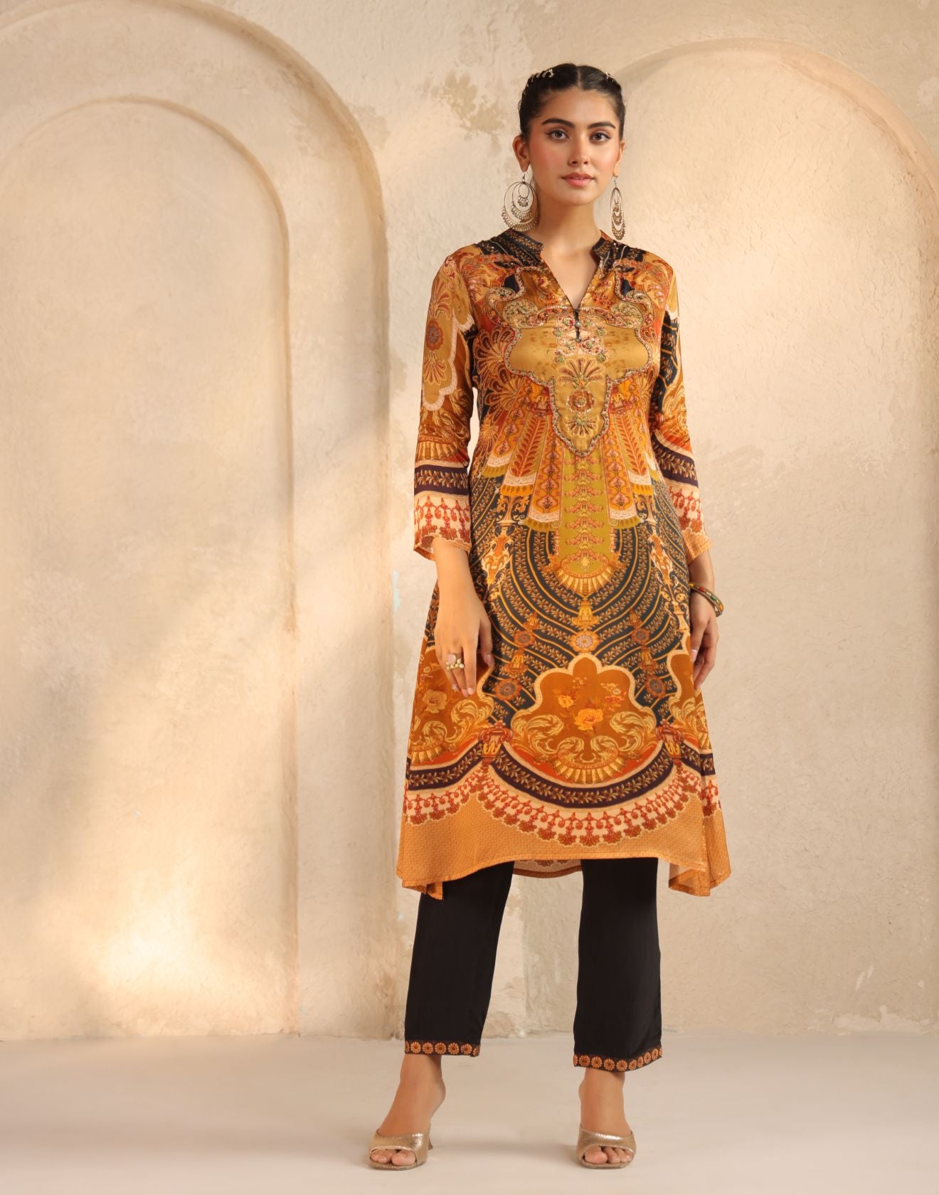 Golden Yellow & Navy Blue Baroque Print Kurta Set