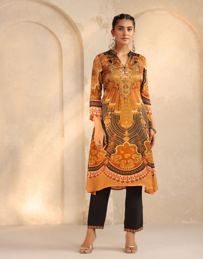 Golden Yellow & Navy Blue Baroque Print Kurta Set