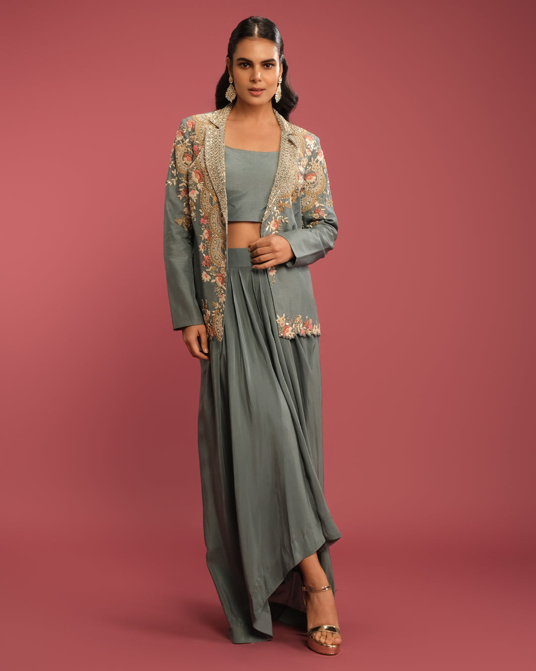 Greyish Blue Embroidered Festive Blazer Set