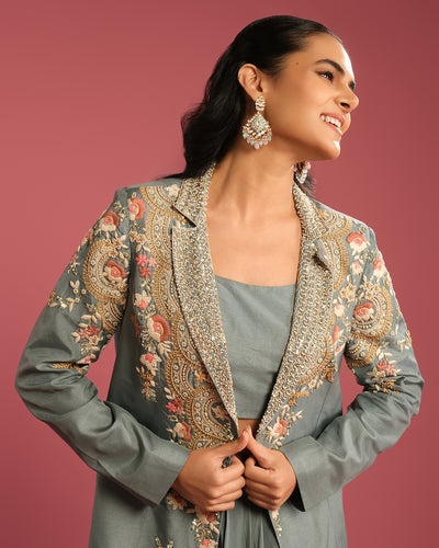 Greyish Blue Embroidered Festive Blazer Set