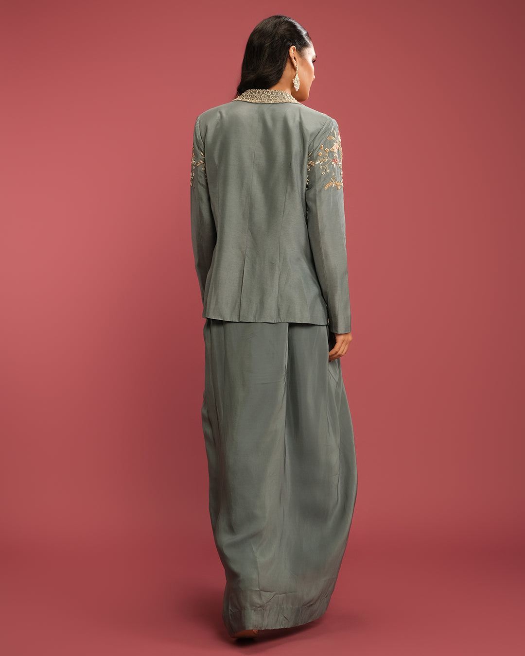 Greyish Blue Embroidered Festive Blazer Set