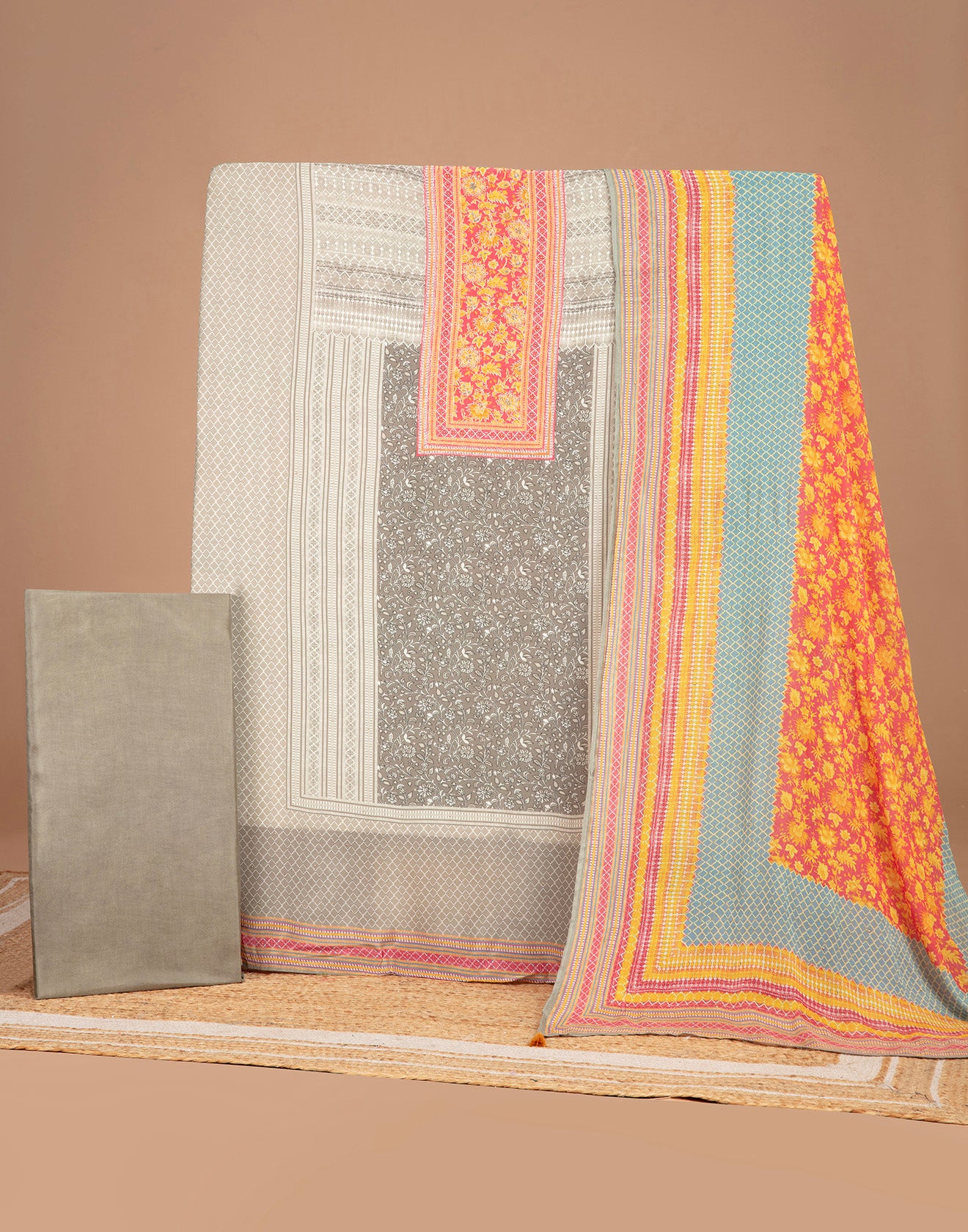 Greyish Green Floral Printed Crepe Silk Unstitched Suit Set