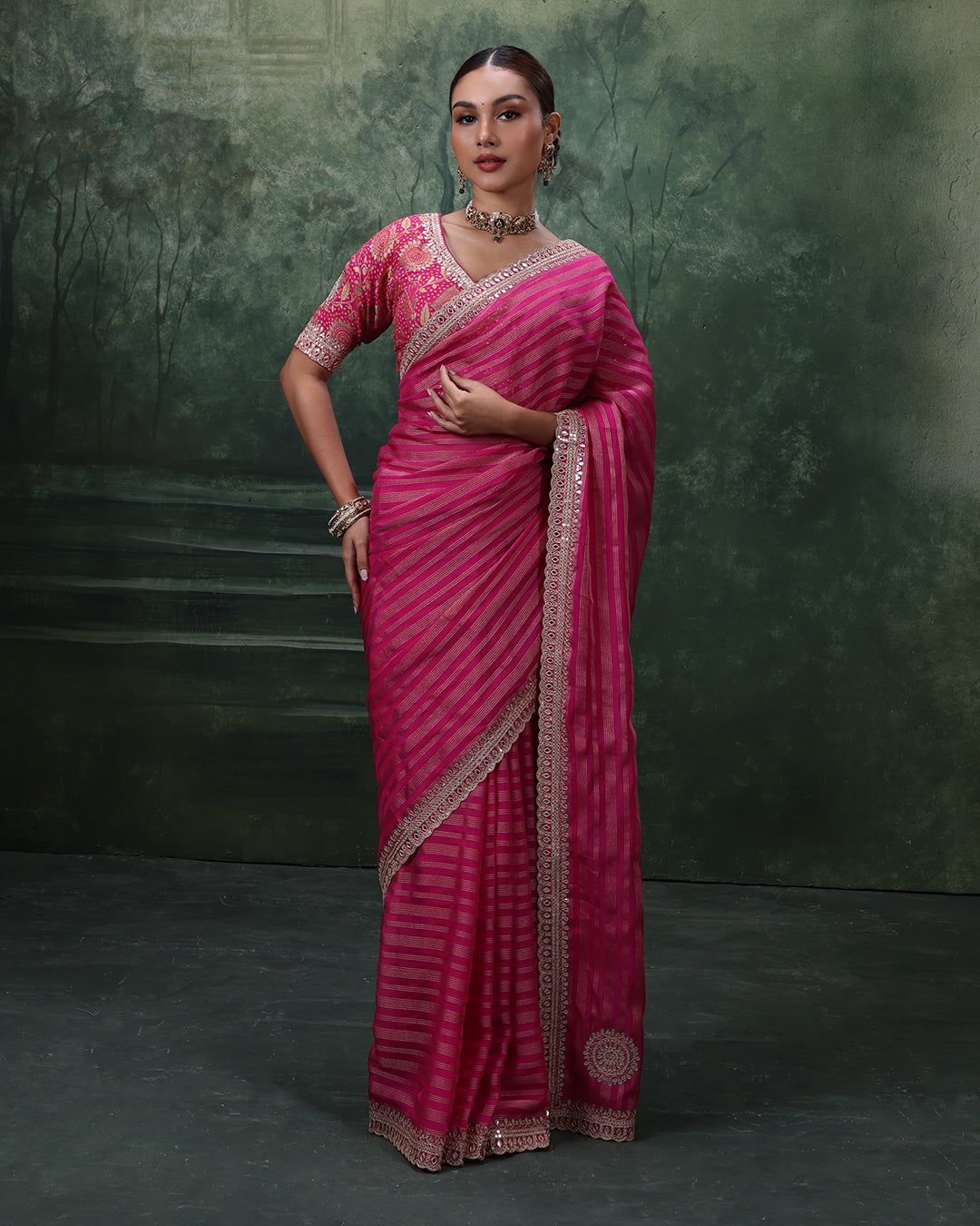 Gulabi Gulzar Stripped Organza Saree With Stitched Blouse