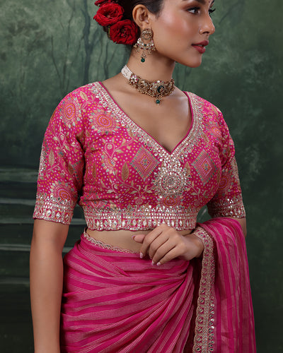 Gulabi Gulzar Stripped Organza Saree With Stitched Blouse