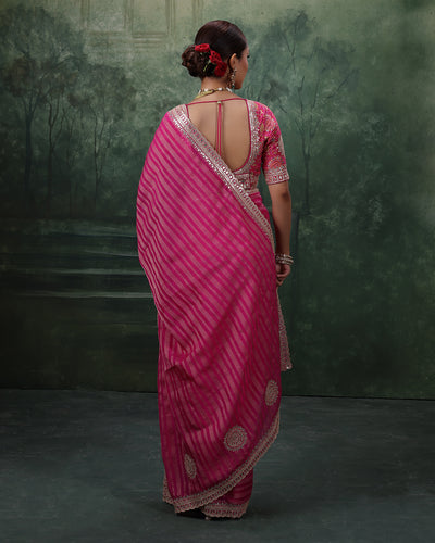 Gulabi Gulzar Stripped Organza Saree With Stitched Blouse