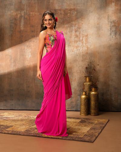 Gulabi Phool Pre-Draped Saree With Banarasi Corset Blouse