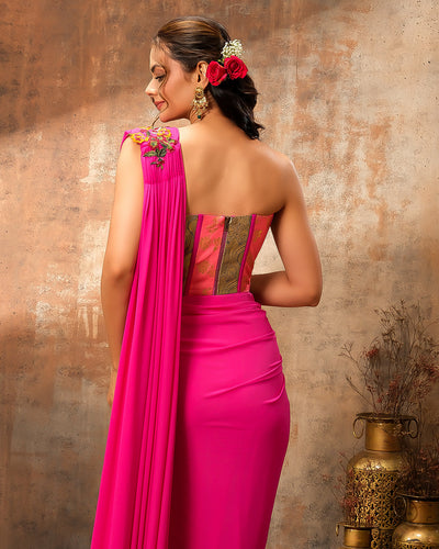 Gulabi Phool Pre-Draped Saree With Banarasi Corset Blouse